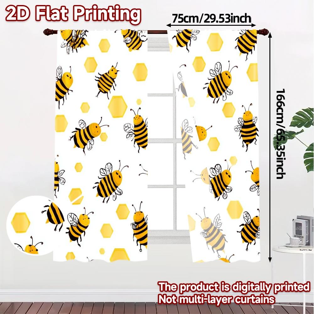 Set aus 2 flachen Druckvorhängen ohne Stange Beepattern Schicke Vorhänge Vielseitig Langlebig Polyester Heimdekoration Vorhang