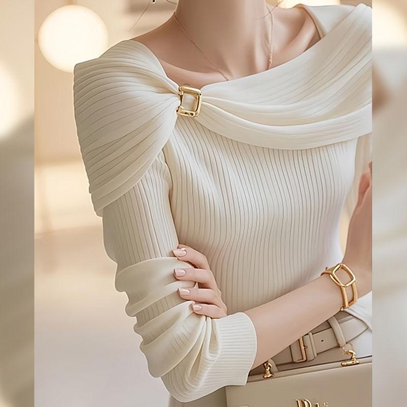 White One-word Shawl Bottoming Sweater Spring and Autumn New Korean Style Top for Women
