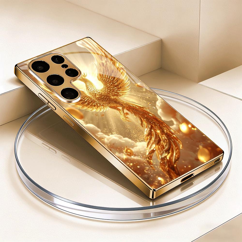 Fashionable Eagle Gold Plated Glass Phone Case Suitable for Samsung Galaxy S26 S25 S24 S22 S21 S20 FE/Ultra/Plus Anti Drop
