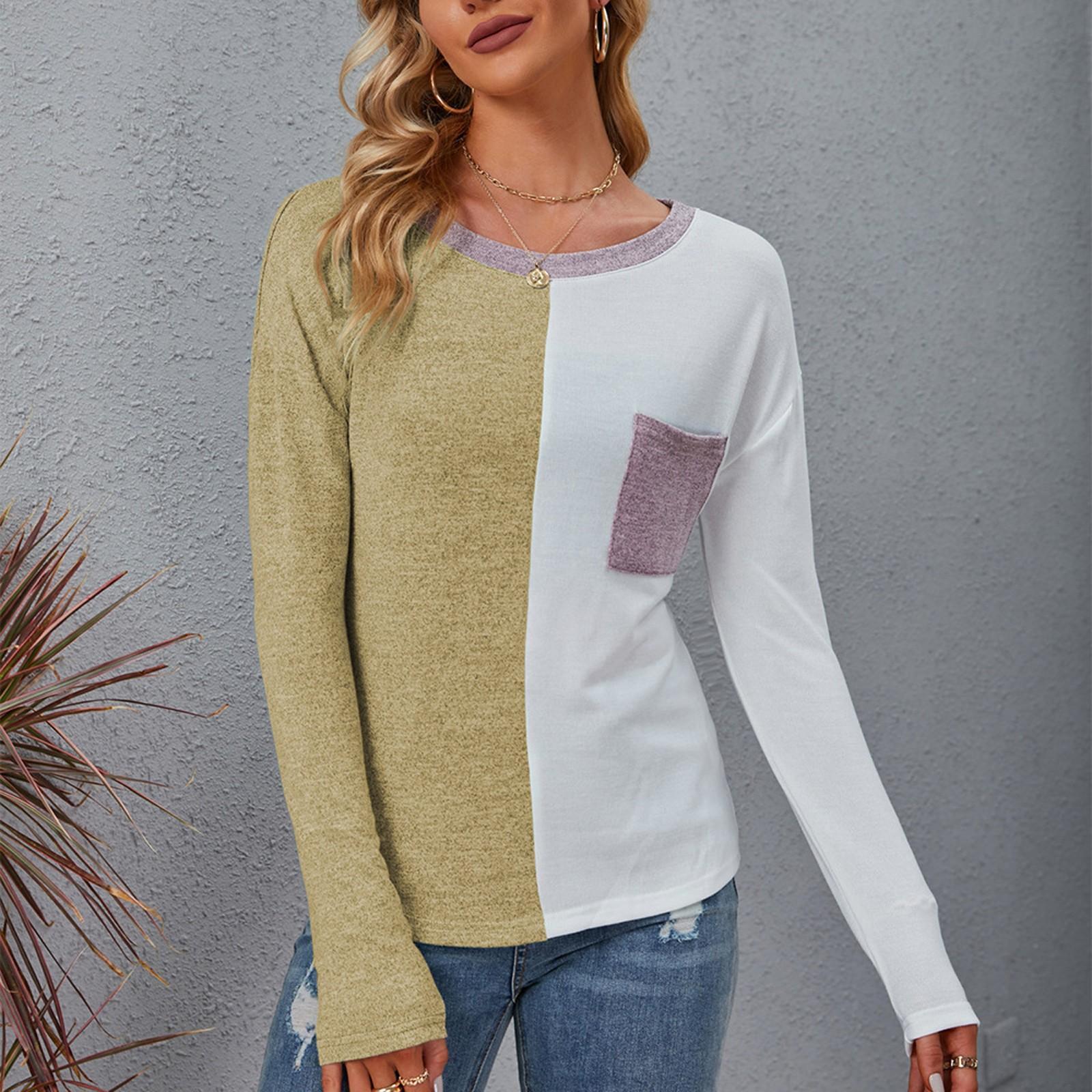 

Женская повседневная футболка с длинным рукавом и круглым вырезом в стиле пэчворк, свободный женский топ XL жёлтый