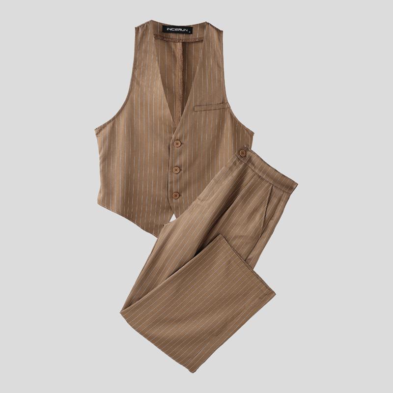 

INCERUN Two Pieces Men Sleeveless Waistcoats Long Straight Pants Sets 5XL хаки