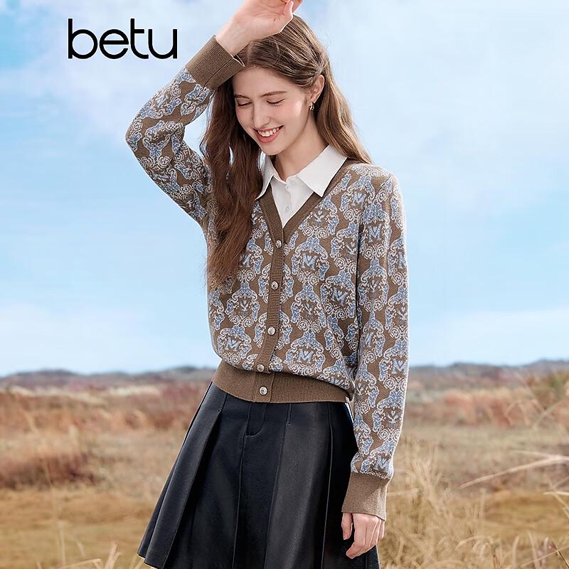 BETU Women's Autumn Jacquard Faux Two-Piece Long-Sleeve Knit Top