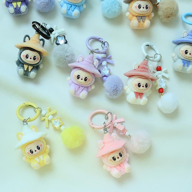 1 Piece Cartoon Flocking Wizard Labubu Keychain Cute Bag Hanging Pendant Backpack Earphone Case Decoration Birthday Gifts