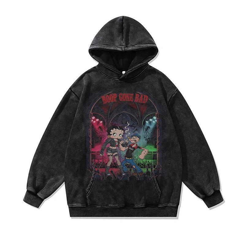 Japanese Dark Cartoon Digital Direct Injection Printing Hoodie Retro 430G Pure Cotton Loose Wash Sweater Men
