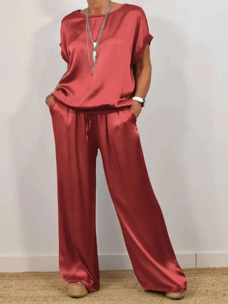 White Oversized Short Sleeve Shirt and Off-White Wide Leg Drawstring Pants Set