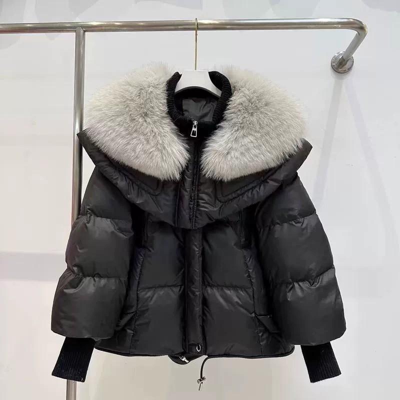 Womens Short Puffer Coat With Faux Fur Collar Loose Fit Thick Duck Down Winter Jacket Cold Weather