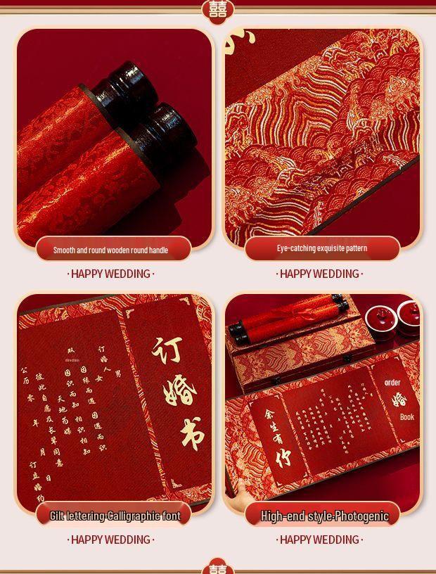 High-End Chinese-Style Wedding Scroll: Traditional Handwritten Betrothal & Engagement Book