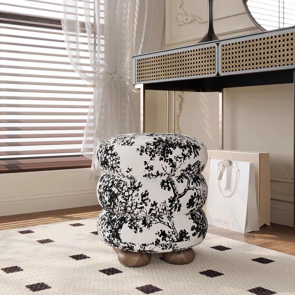 Sgabello da Toeletta Lussuoso Stile Cremoso - Sgabello Rotondo in Lana per la Camera da Letto delle Ragazze, Pouf Decorativo Minimalista, Comodo Poggiapiedi