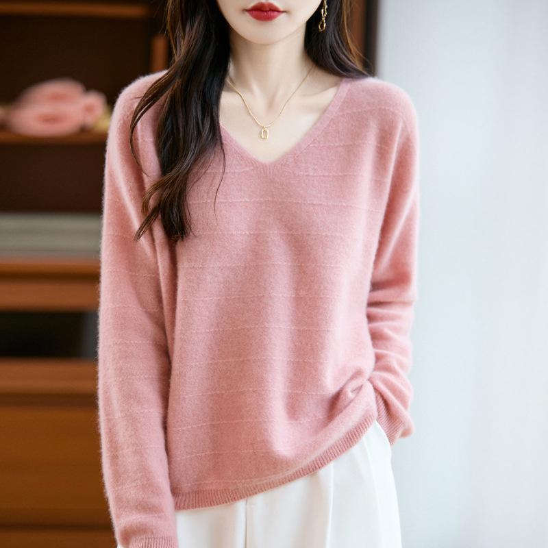 Women's V-Neck Pure Wool Sweater: Lightweight, Lazy Style Knit for Autumn & Winter, Cashmere Base Layer.