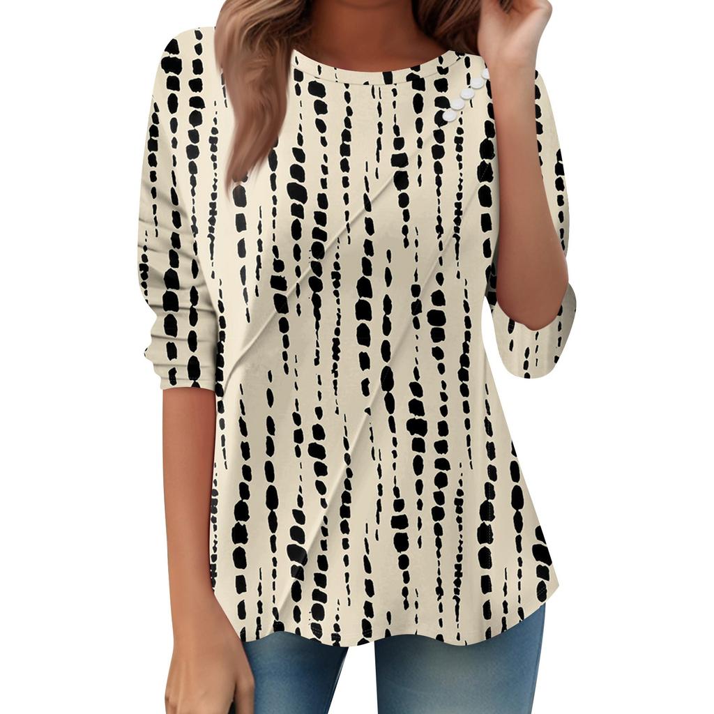 Dámský volný ležérní top s dlouhým rukávem, kulatým výstřihem, knoflíky, pruhovaným potiskem, tričko