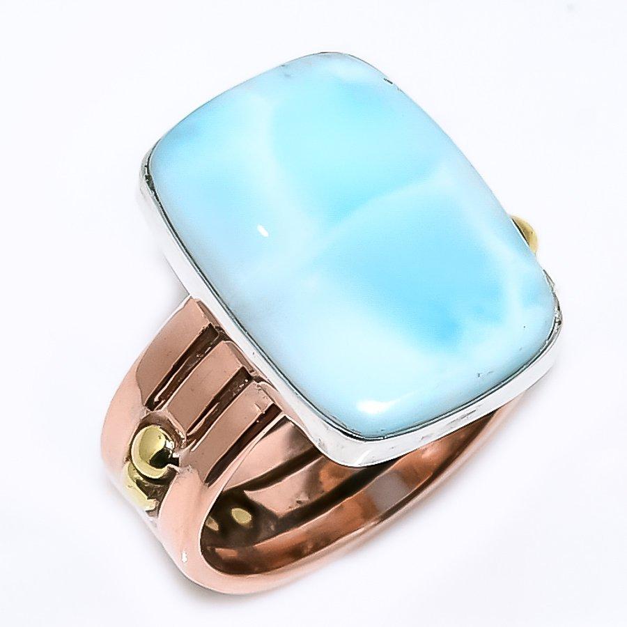 

Natural Larimar Gemstone 925 Sterling Silver Jewelry Two Tone Ring Size 6.5 e6J25