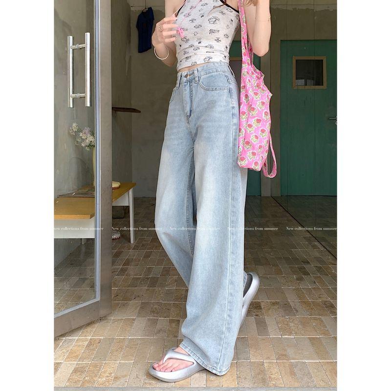 American Small Washed Light Blue Wide Leg Denim Female 2025 Summer High Waist Loose Straight Mopping Pants