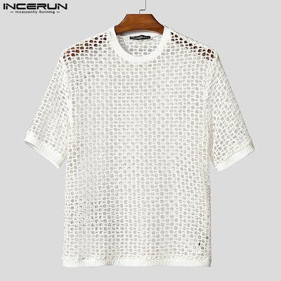 Men Short Sleeve Hollow See Through Beach Casual T-shirts Tops