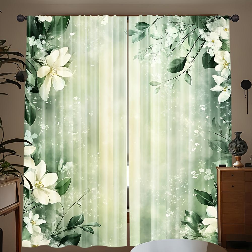 Set Of 2 Minimalist Sheer Curtains Green White Floral Print Living Room Bedroom Decor Design Curtain With Rod Pocket Polyester Ideal For