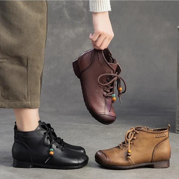 Johnature Retro Round Toe Genuine Leather Ankle Boots Versatile Soft Soled Comfortable Women's Shoes