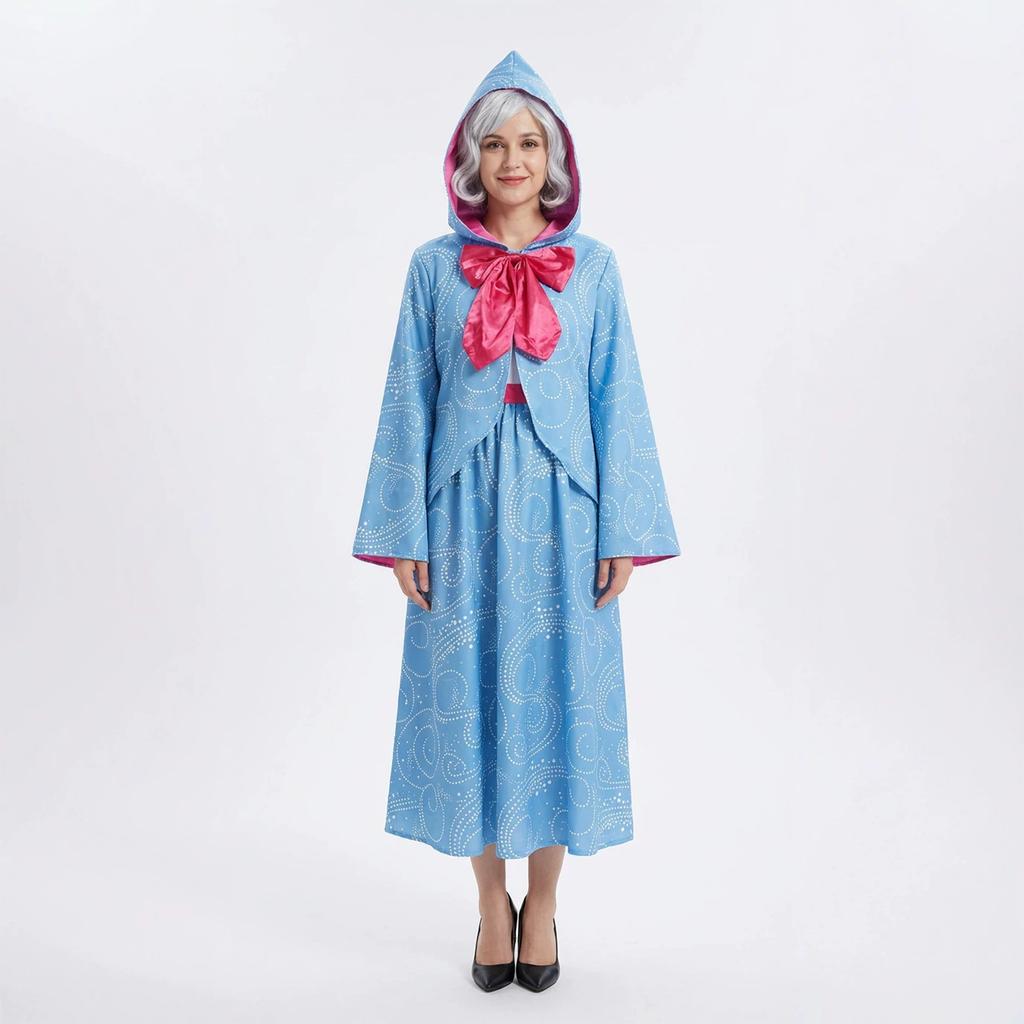 Costume Fata Madrina da Adulto Abito Lungo con Maniche Lunghe e Cappuccio con Cravatta per Spettacolo Teatrale Cosplay