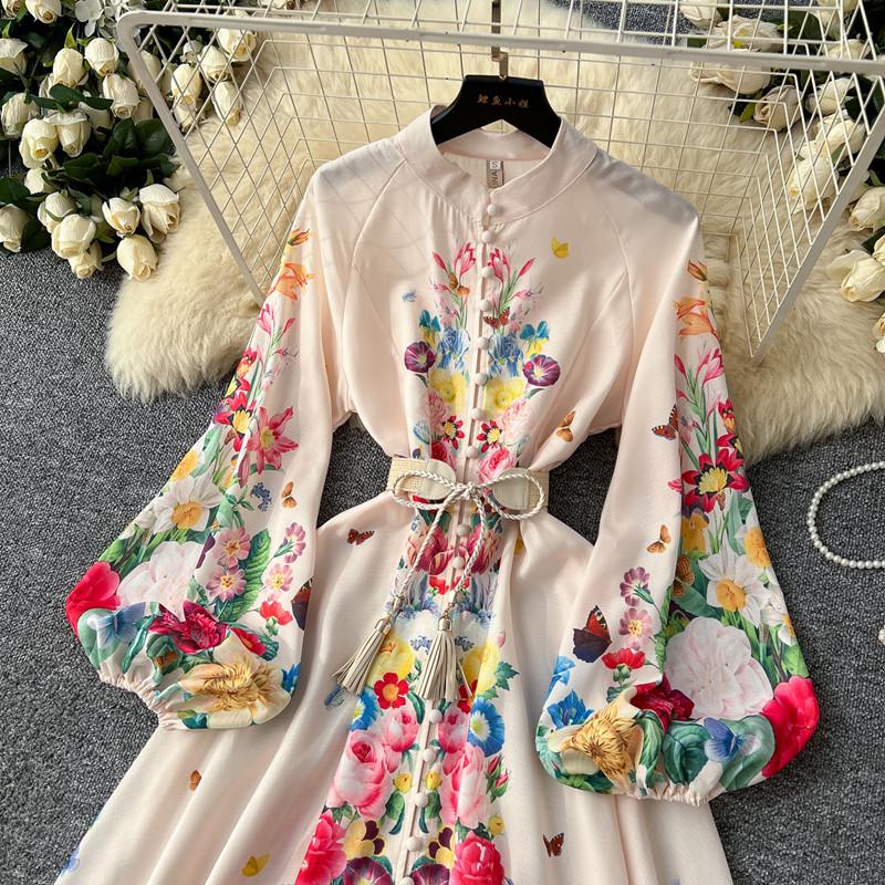 Spring Autumn Women Plus Size Print Single Breasted Long Maxi Seaside Holiday Beach Dresses with Belt