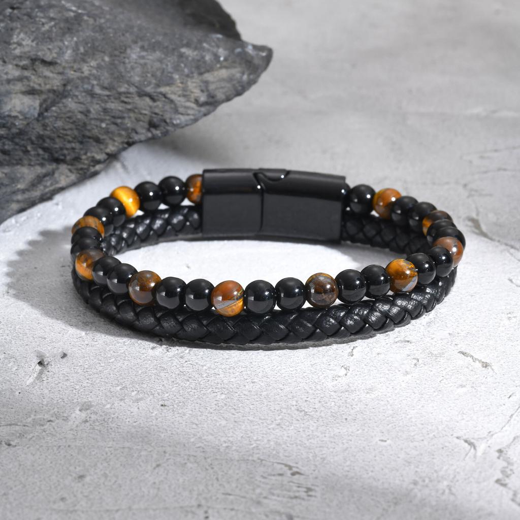 Stylish Leather Bracelet for Men Boys,Double Layers Natural Stone Tiger Eye Black Beaded Bracelet,Gift To Father Husband BBF