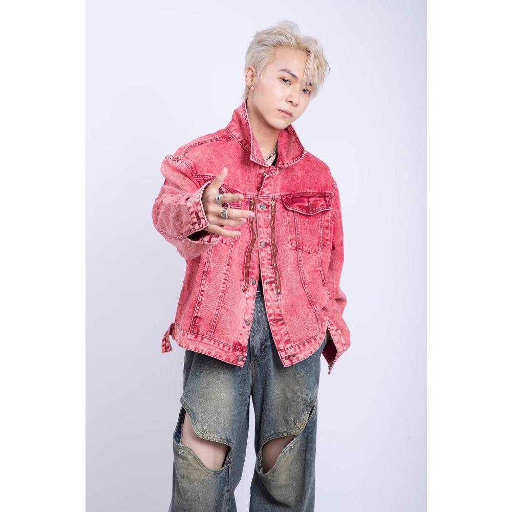 Pink washed spliced denim jacket men and women couple baseball uniform lapel jacket jacket M