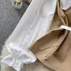 Korean Series Short Shirts for Women, Puff Sleeve Top, Large Lapel, Contrast Color, Patchwork, Early Spring Wear, New Fashion