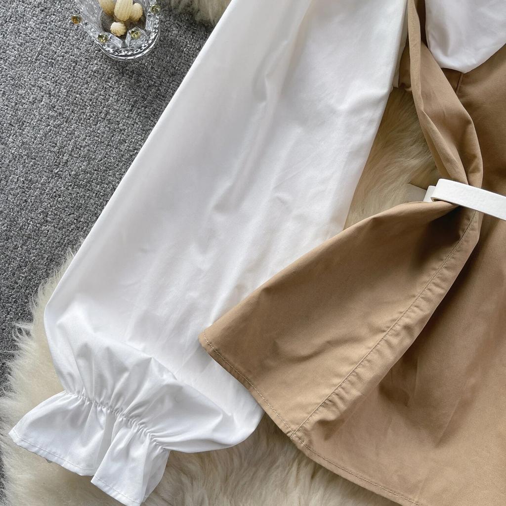 Korean Series Short Shirts for Women, Puff Sleeve Top, Large Lapel, Contrast Color, Patchwork, Early Spring Wear, New Fashion