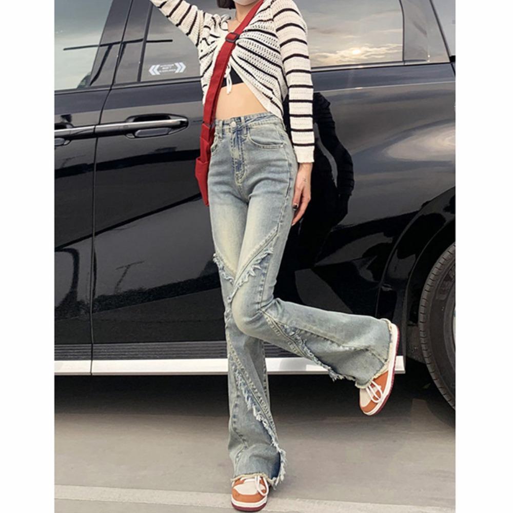 Rough edge slightly pulled jeans women's spring and autumn new American retro horseshoe pants slim and thin flared jeans