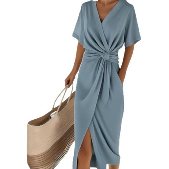 Summer New Dress Commuter Fashion Forged Split Women'S Solid Color Wrap Lace-Up Dress