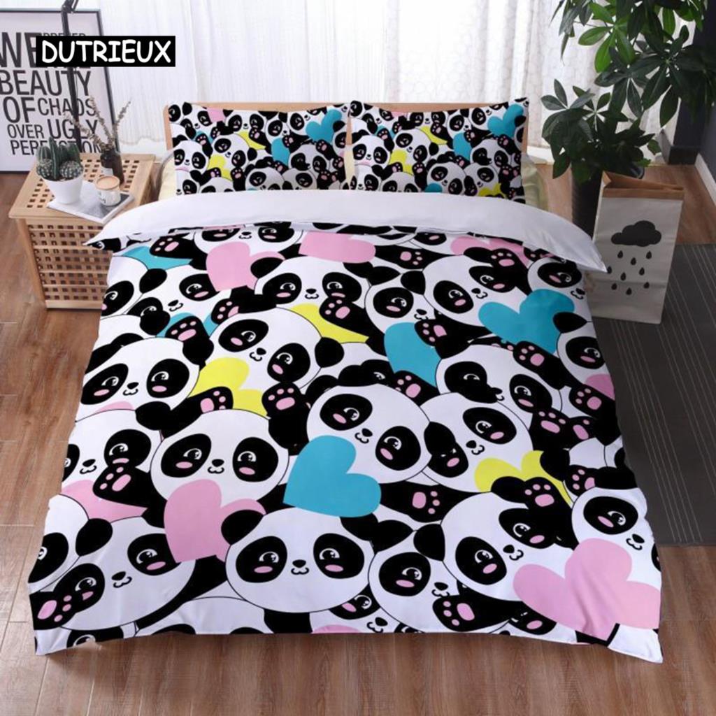 Cartoon Panda Duvet Cover Set King Cute Panda Drinking Water Twin Bedding Set Microfiber Kawaii Black White Bear Comforter Cover