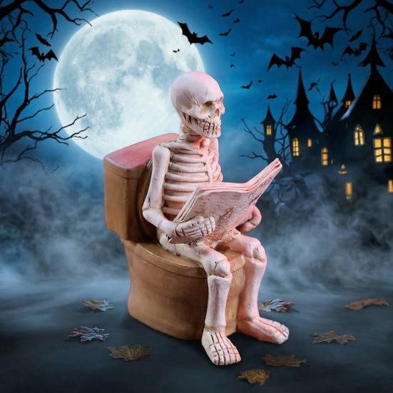 Skeleton Sitting on Toilet Figurine Resin Skull Reading Newspaper Statue Funny Gothic Bathroom Accessory for Halloween Home Bar Decor