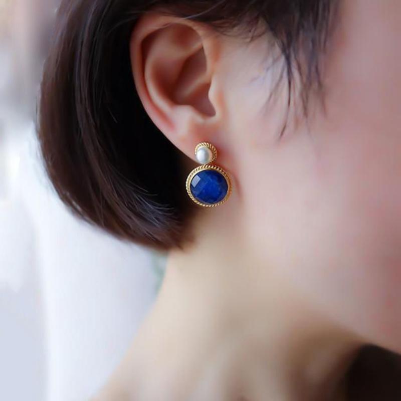 Vintage Style Exquisite Pearl Round Lapis Lazuli Earrings For Women  Inlaid Classic Blue Stud Earings Jewelry Gift