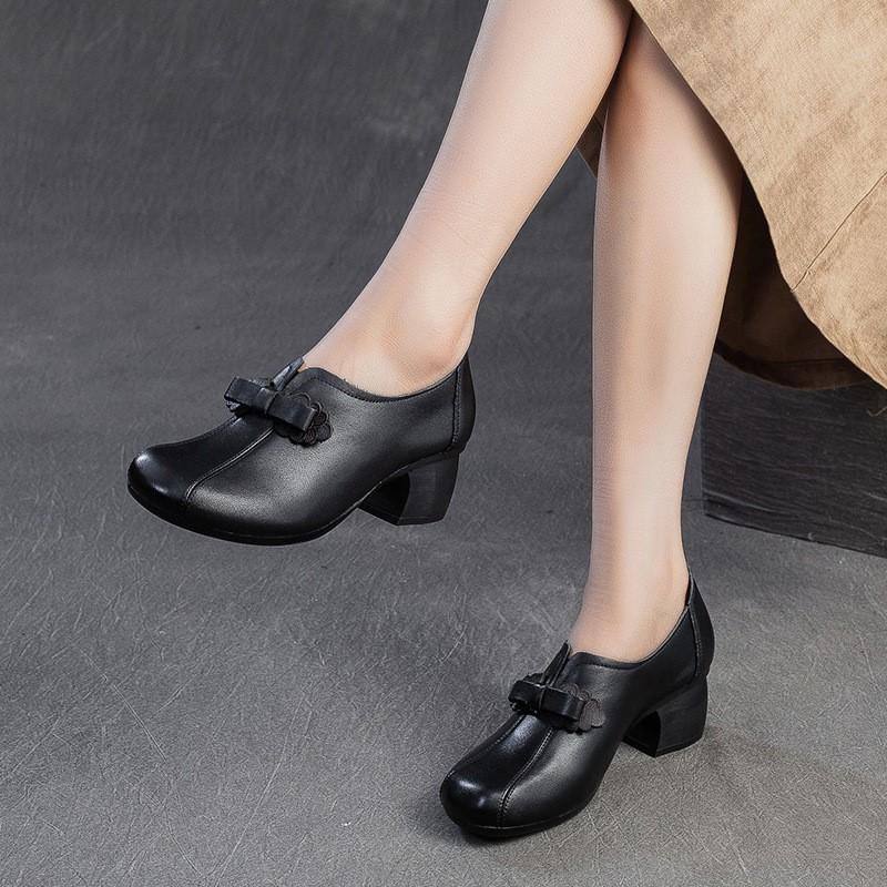 Johnature Retro Dame Hæler Sko Casual Ekte Skinn Pendler Allsidige Dame Slip-on Sko