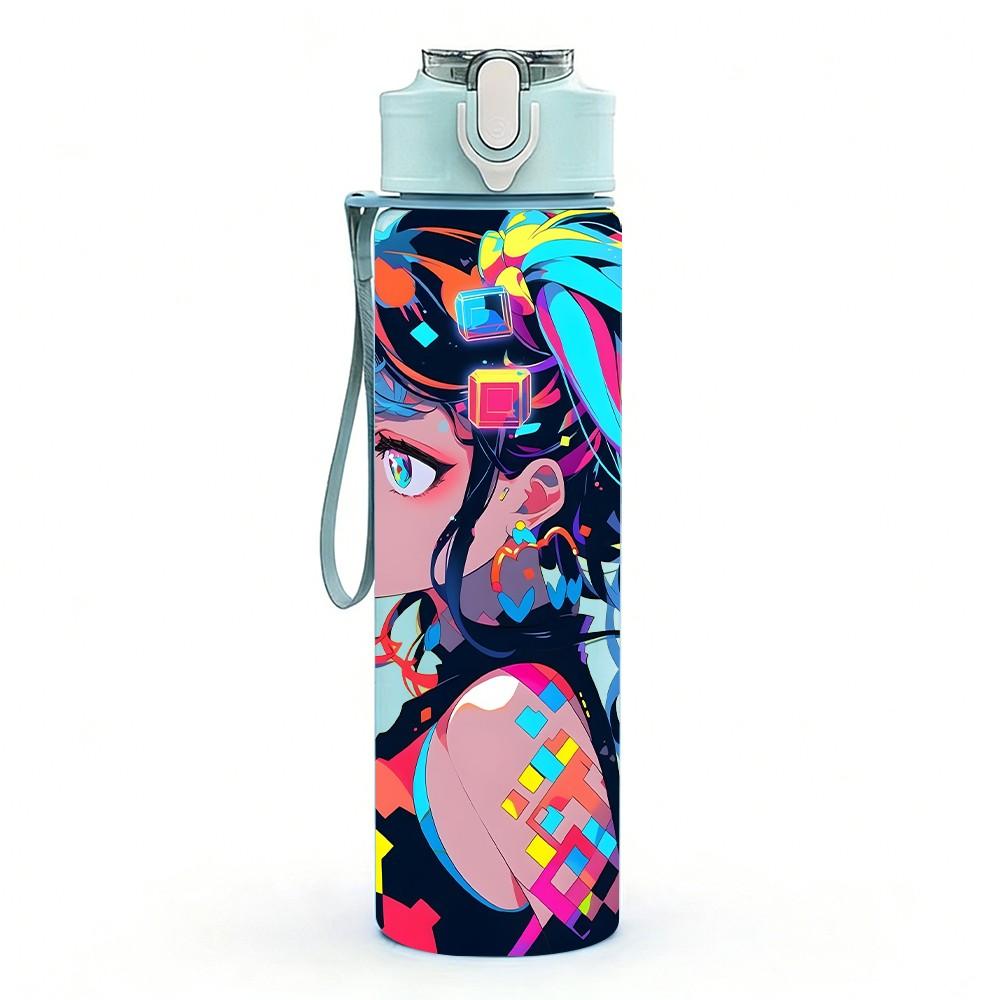 1PC Multicolor Hair Anime Girl Pop Character 750ml Color Plastic Sports Water Bottle Leakproof Flip Straw Lid Suitable for Sports Office Home Use