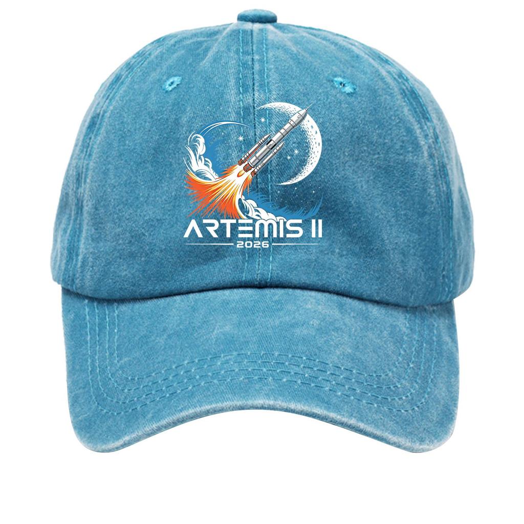 Washed Cotton Baseball Cap Vintage Style Soft Top Denim Hat with Printed Rocket and Moon Design Adjustable Closure for Casual Wear
