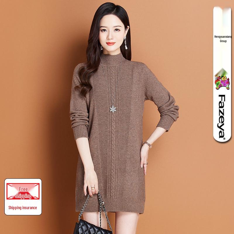 

Женское трикотажное платье-свитер миди Hengyuanxiang - Осень/Зима, с полувысоким воротником, для ношения под верхнюю одежду Plus Size 115 хаки