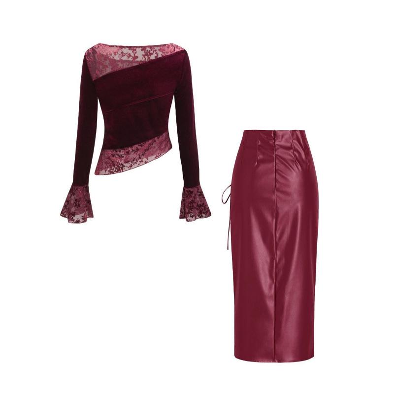 

2025 Европейский/Американский Бархатный Кружевной Топ с Асимметричным Вырезом-Лодочкой + Брюки из Искусственной Кожи с Высокой Талией и Разрезом S красный