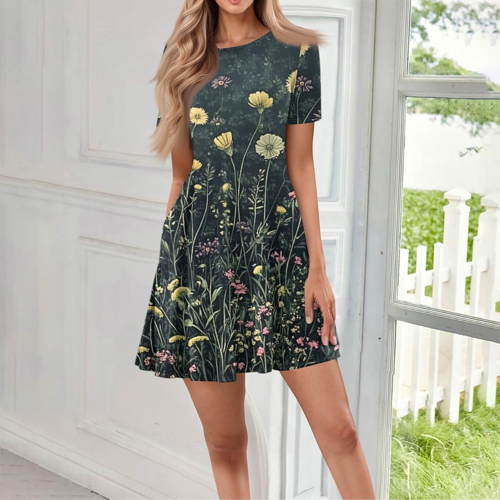 Women's Casual Fashion Round Neck Short Sleeve Floral Print Short Dress With Pockets