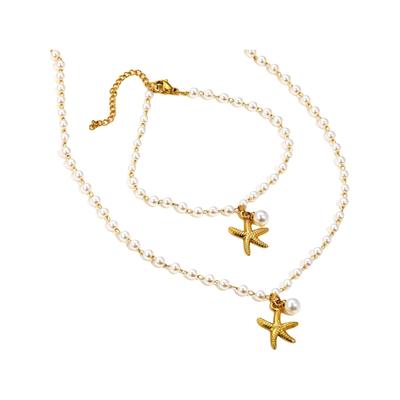 Adjustable Chain Starfish and Simulated Pearls Necklace Bracelet Fashion Jewelry for Women Beachwear Accessories