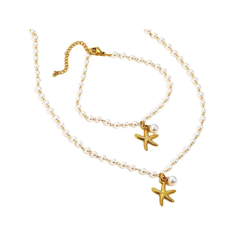 Stylish Beach Holiday Starfish Pearls Necklace Bracelet Adjustable Length Stainless Steel Chain Vacation Jewelry 1