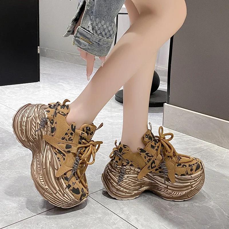 8CM High Platform Sneakers Wedge Heels Leather Walking Shoes Woman New Autumn Leopard Vulcanize Shoes Female Chunky Sneakers