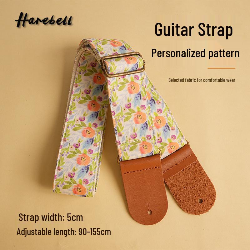 

Universal Folk Guitar Strap - Floral Pattern, Retro Buckle, Blue & Orange Flowers (PO-114) 90-155 cm Adjustable Length