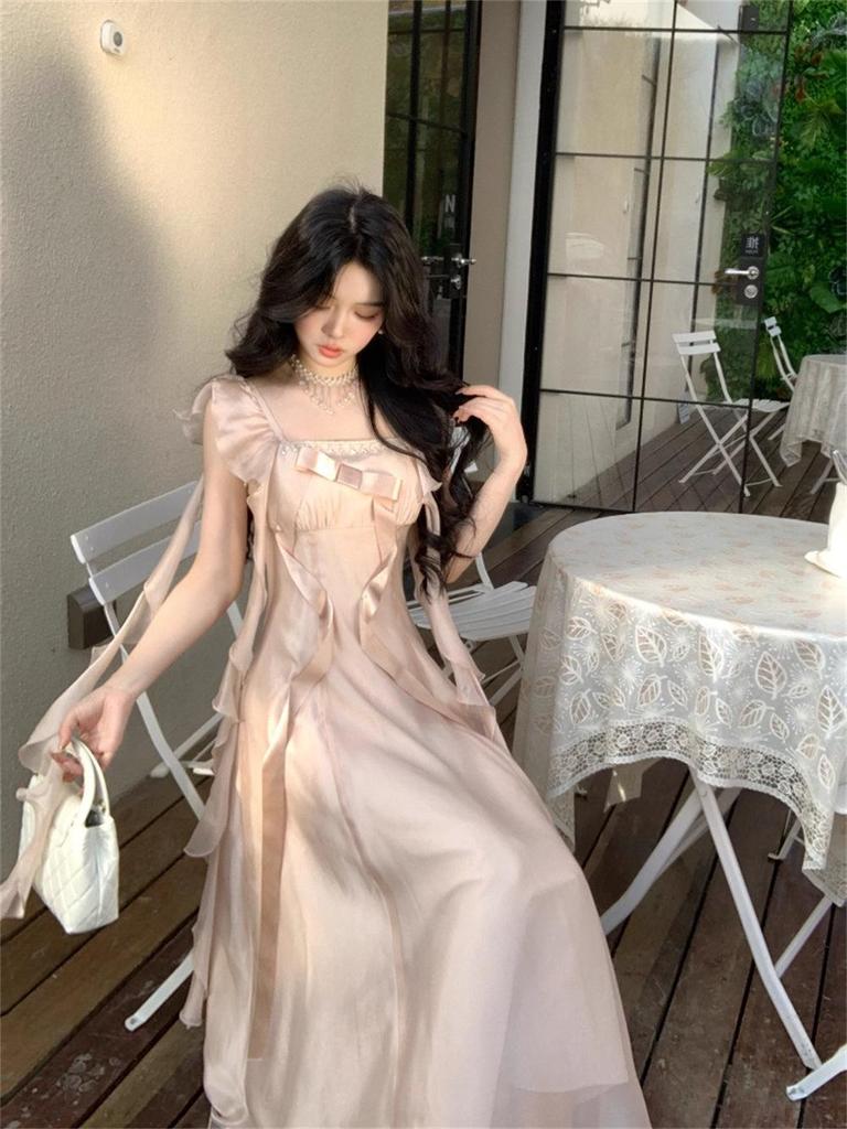 Elegant Summer Bow Ribbon Square Neck Dress for Women