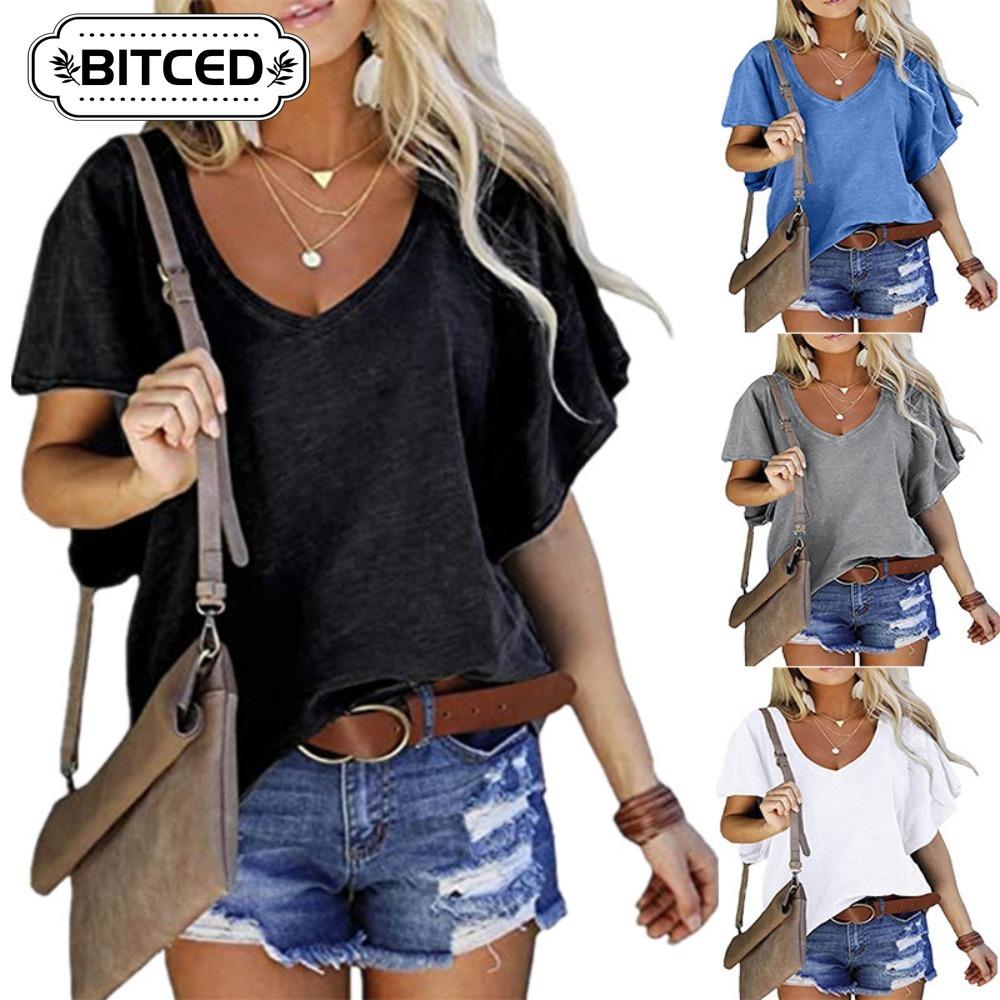 BITCED Women's Fashion Casual Solid Color Print Short Sleeve V Neck Blouses & Shirts