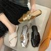 Silver low-heeled baotou half slippers summer wear New Year's new niche beach woven open-toed cool slippers