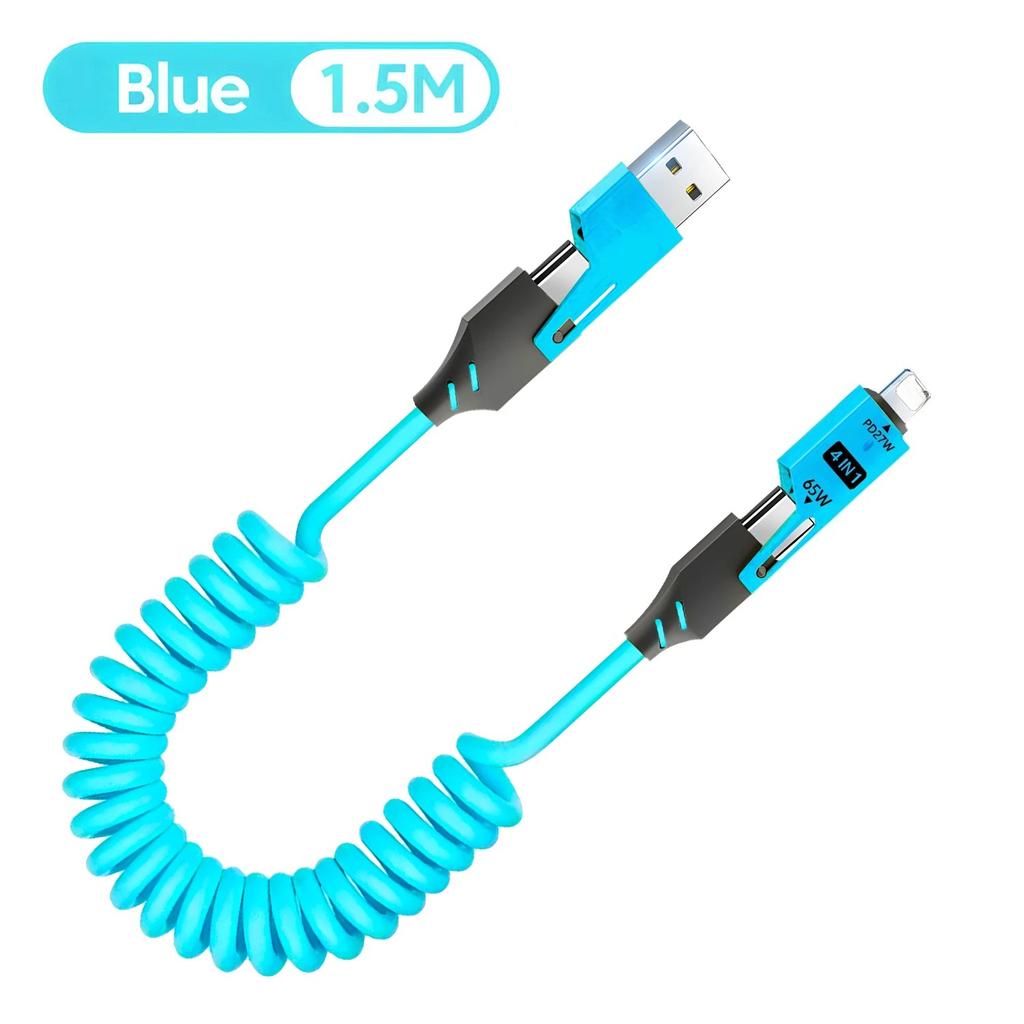 1/2PCS 4-in-1 Spring Data Cable & 65W Quick Charger: 6A USB Type-C Telescopic Wire Compatible with iPhone/iPad/MacBook/Huawei