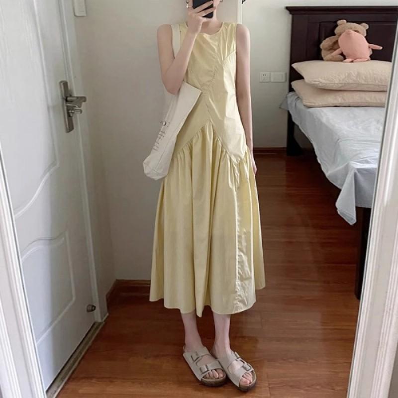 Womens Sleeveless Asymmetrical High-Waist Flowy Maxi Dress French Casual Resort Style Cotton Blend Small