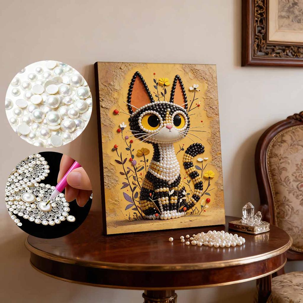 5D DIY Frameless Pearl Painting Cute Cat Pattern Painting Kit Suitable for Home Living Room Bedroom and Other Wall Decoration Art Paintings