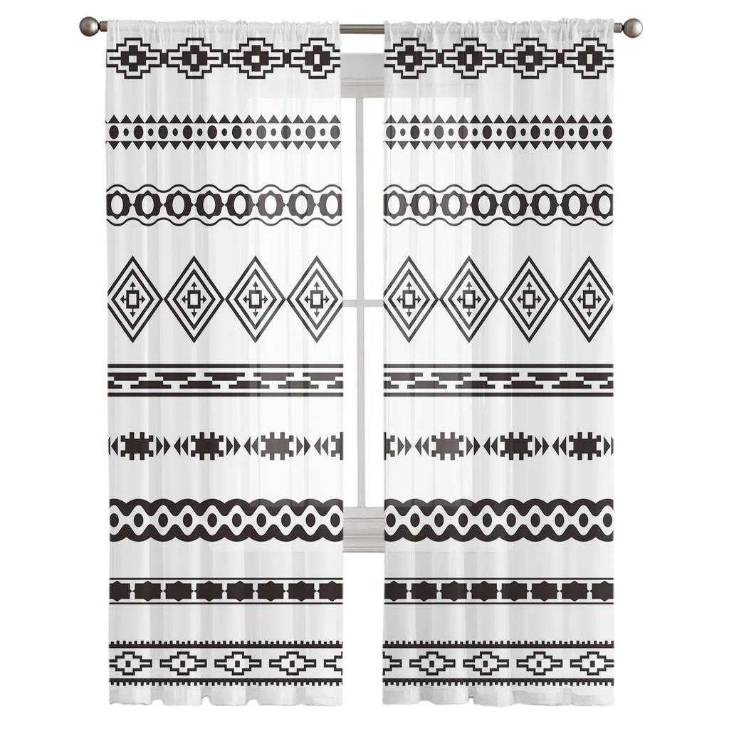 Tribe Ethnic Black Geometrické postavy Tyl Závesy do obývačky Kuchyňa Spálňa Priesvitný tyl pre kaviareň Hotel Moderná výzdoba domova