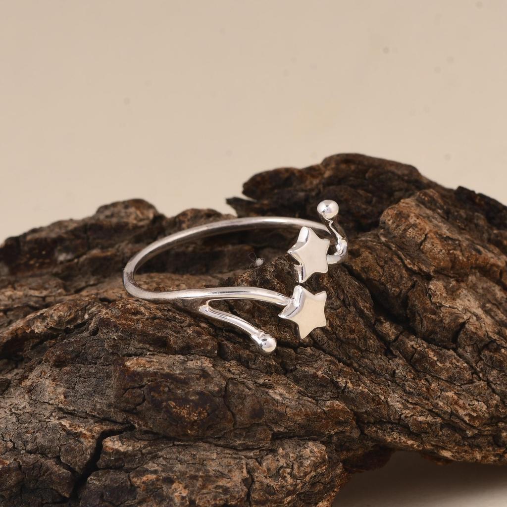 Double Star Adjustable Ring in 925 Sterling Silver | Minimal Celestial Open Ring | Star Symbol Silver Jewelry | Gift for Her