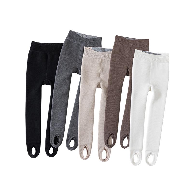 Girls' Fleece-Lined Open Crotch Stirrup Tights - Cotton, Thick, Vertical Stripes, Warm Autumn/Winter Wear