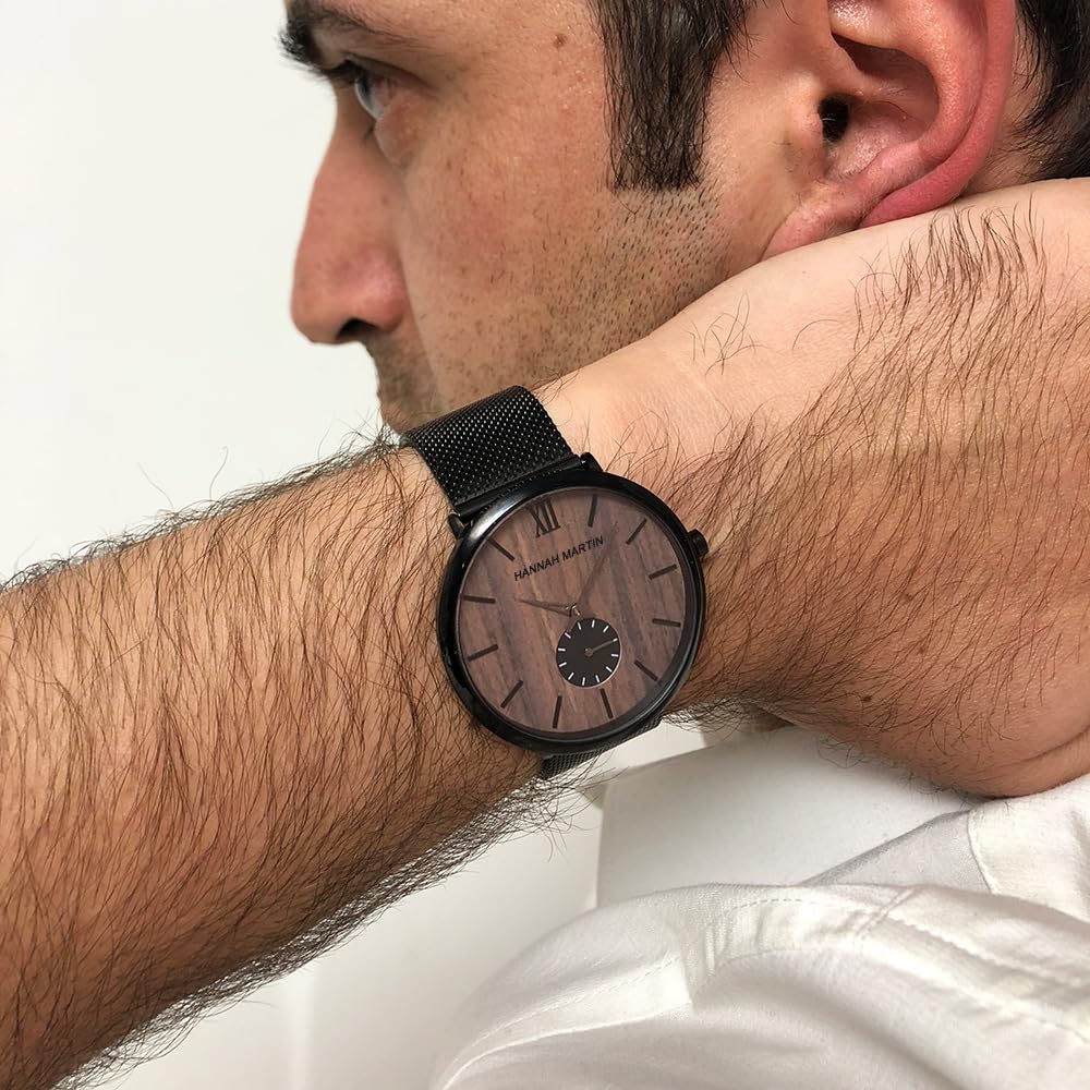 Hannah Martin Men's Watch Black Ultra-Thin Watch Men's Fashion Waterproof Dress Stainless Steel Band (Walnut) [Parallel Import]
